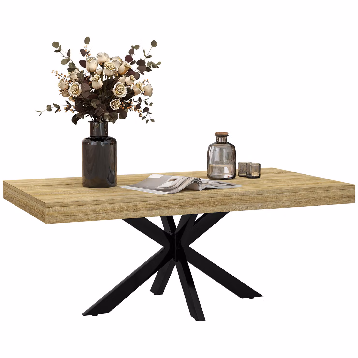 HOMCOM Tavolino rettangolare in stile industriale con piano in metallo nero e legno - Dimensioni 110 x 60 x 45 cm