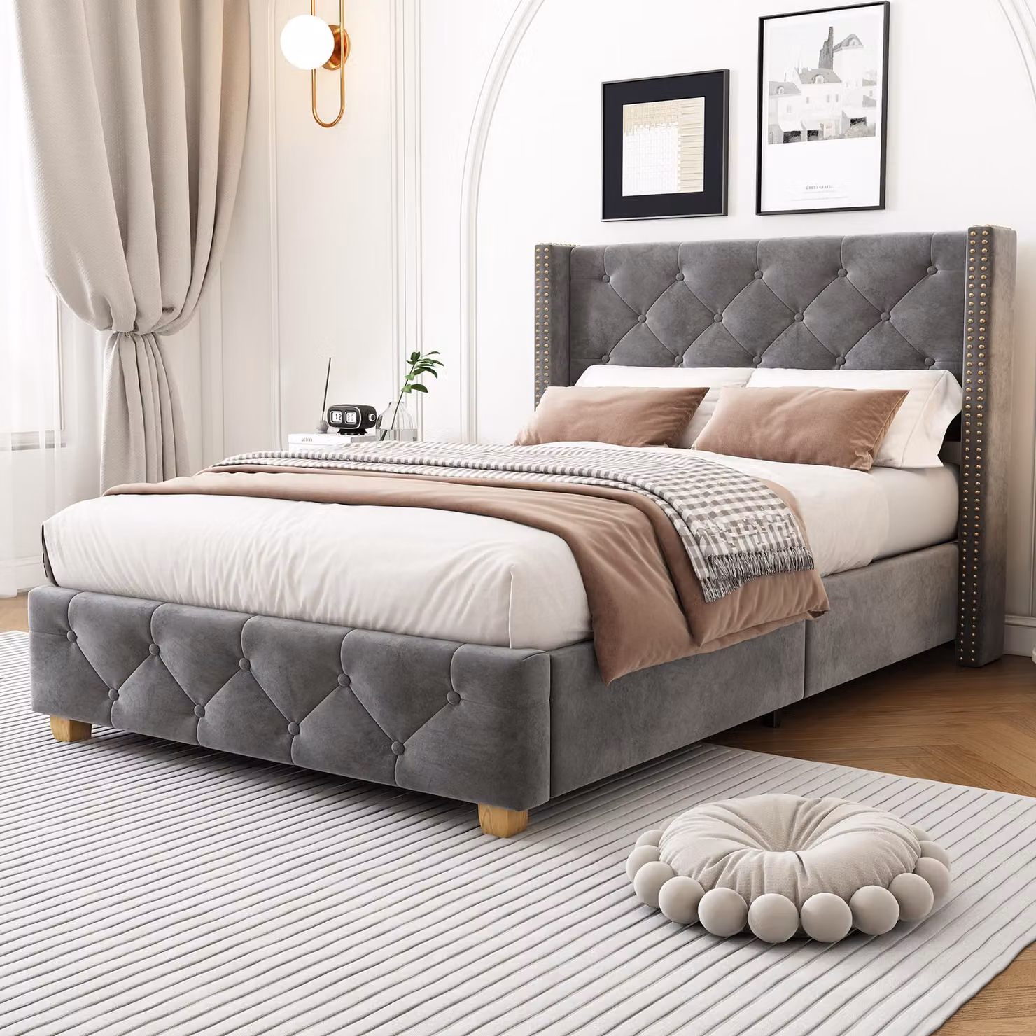 okwish Letto imbottito 90x200 cm, singola con testiera e rete, rivestito in velluto con trapuntatura a bottoni e rivetti, colore grigio, senza materasso