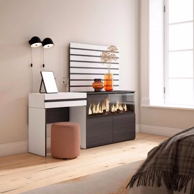 Tavolo da toeletta, 177x35x145cm, Con cassetto, Camino elettrico XXL, Pannelli Decorativi, Bianco RF3459