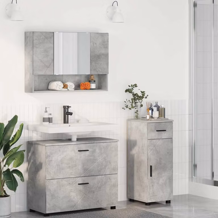 Set di mobili per il bagno moderno vidaXL in 3 pezzi Grigio e Nero con mobile lavabo, armadietto con specchio e mobile laterale