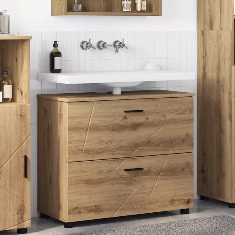 Mobile da bagno moderno vidaXL in legno rovere e metallo con ante e ripiani interni, L: 76,5 cm, P: 35 cm, H: 64 cm