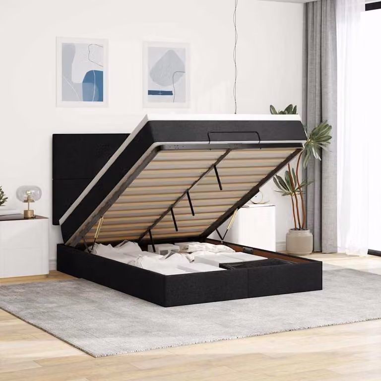 vidaXL Struttura Letto con Materasso e Contenitore a Scomparsa in Tessuto Nero L: 140 cm, P: 190 cm