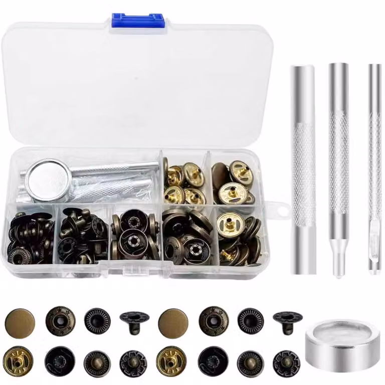 Set di 24 bottoni a pressione, diametro 15 mm, color bronzo, con 4 strumenti