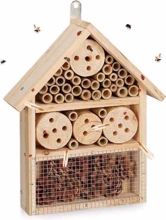 Kit per la costruzione di un hotel per insetti Unyqoos® – Struttura per insetti da assemblare, rifugio per api selvatiche, coleotteri e sirfidi, dimensioni 33 x 24,5 x 7 cm, materiale naturale