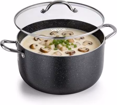 Pentola per zuppe VEVOR in lega di alluminio con rivestimento in ceramica e coperchio in vetro, colore nero, capacità 11,4 l