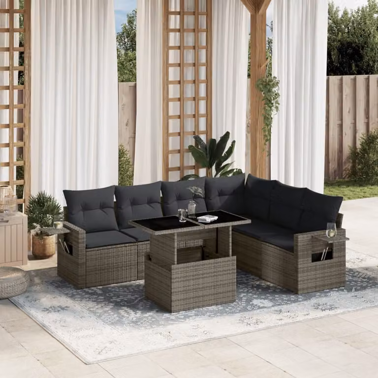 vidaXL Set Divani da Giardino 7 pz in Polyrattan Grigio con Cuscini e Tavolino