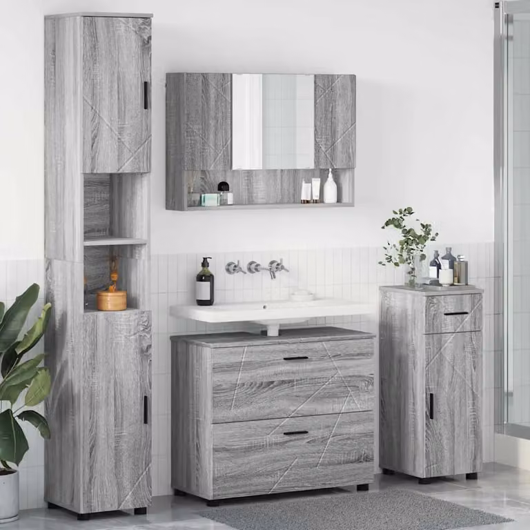 vidaXL Set di mobili per il bagno 4 pezzi Grigio con specchio e cassetti