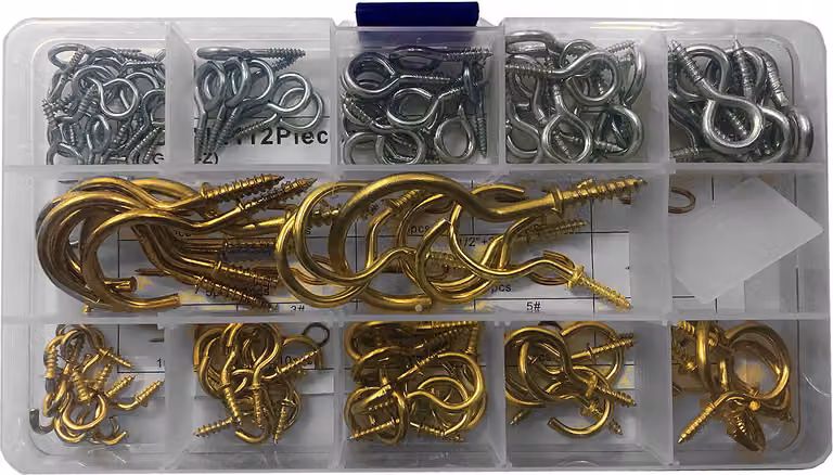 Assortimento di 112 piccoli ganci a vite in scatola