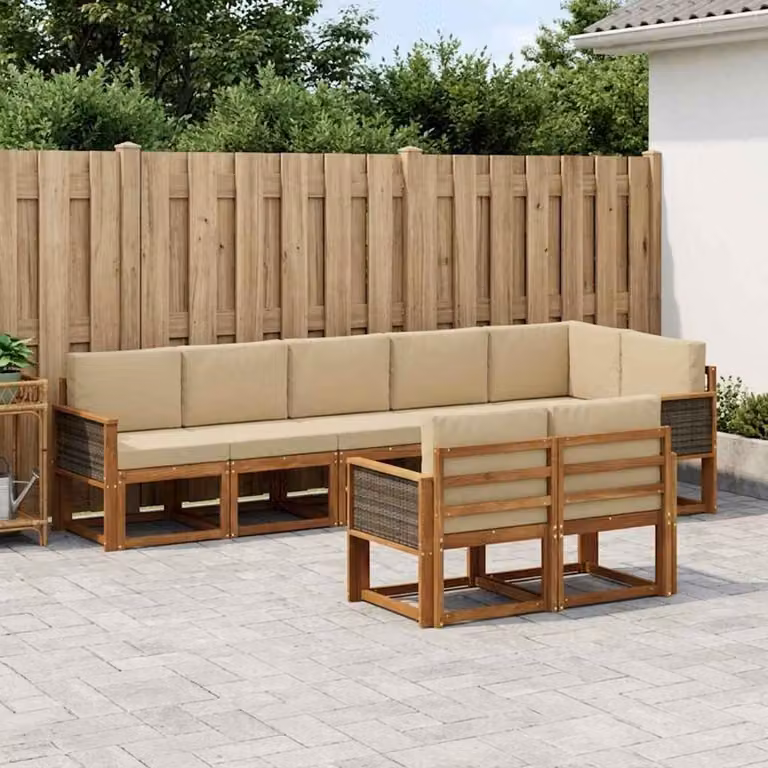 Set di divani da esterno vidaXL 8 pz a forma di L in legno di acacia con cuscini, Beige e Marrone