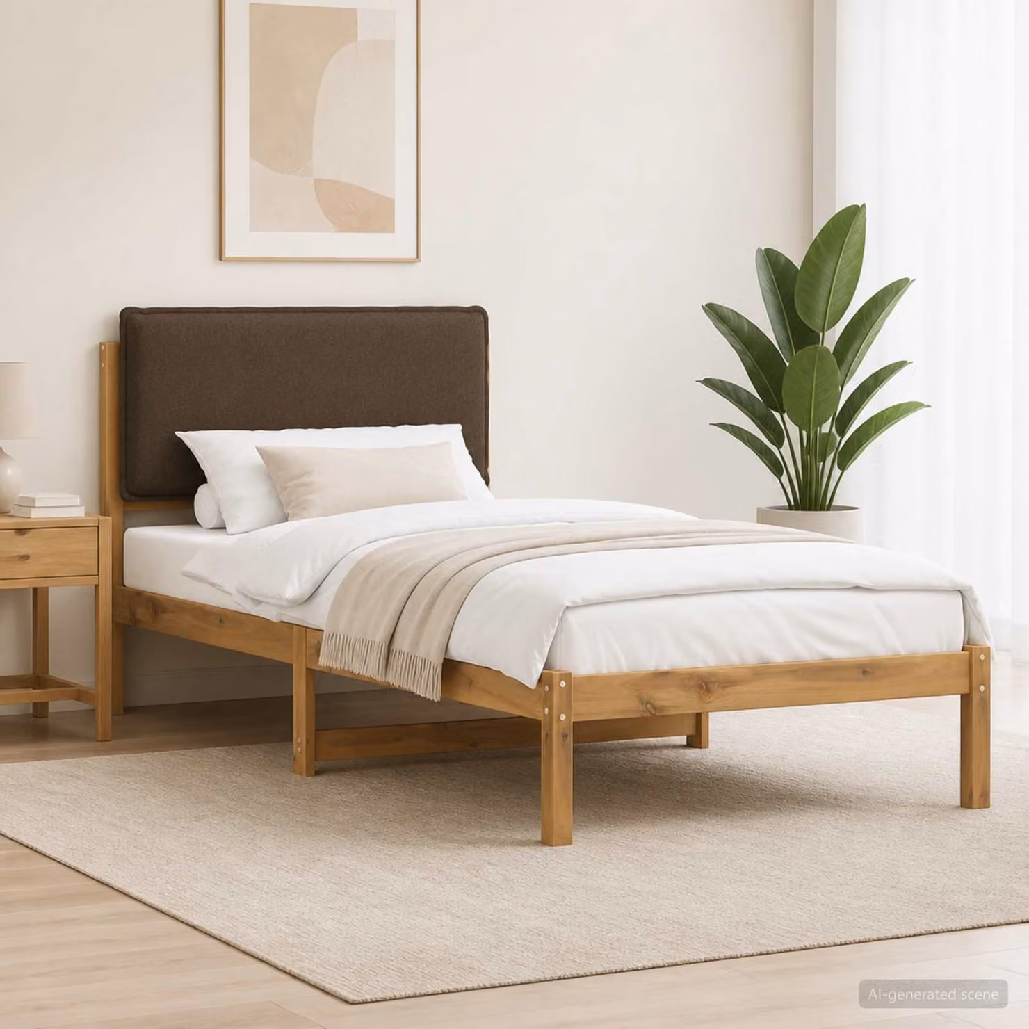 Letto con testiera rivestita vidaXL in legno di acacia bianco e beige L: 75 cm, P: 190 cm, H: 81 cm