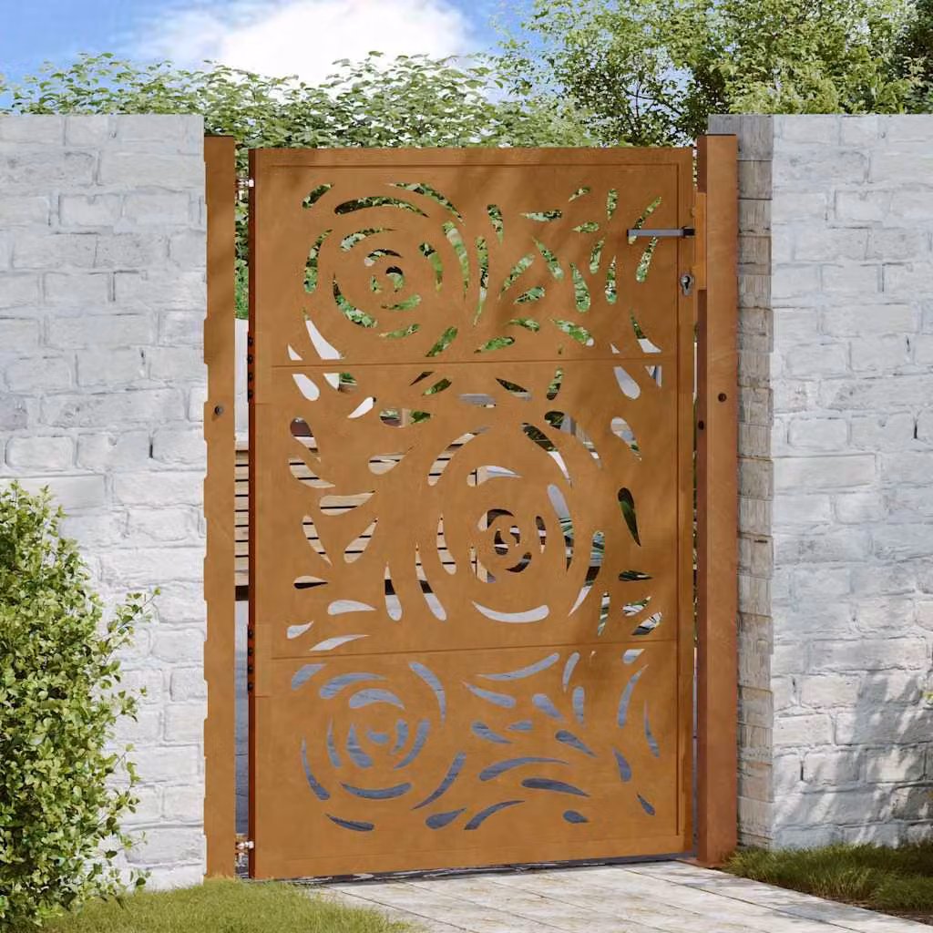 Cancello singolo da giardino vidaXL in acciaio corten color marrone con design a fiamma L: 110 cm, H: 125 cm