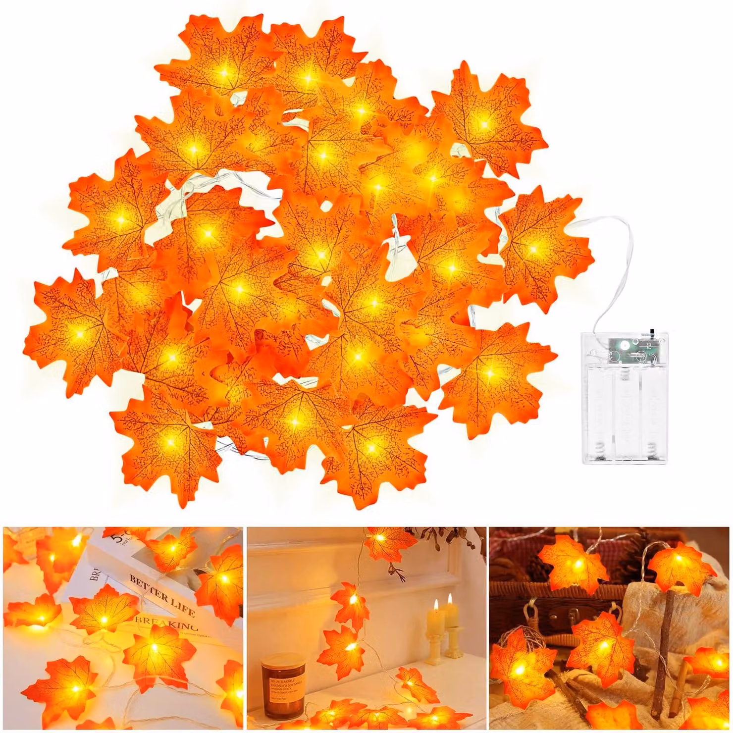 Catena luminosa da 3 metri, con 20 LED, decorata con foglie di acero, color arancione, alimentata a batteria, con timer
