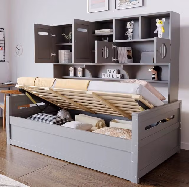 Letto multifunzione a una piazza 90x200 cm con vano contenitore idraulico; grigio