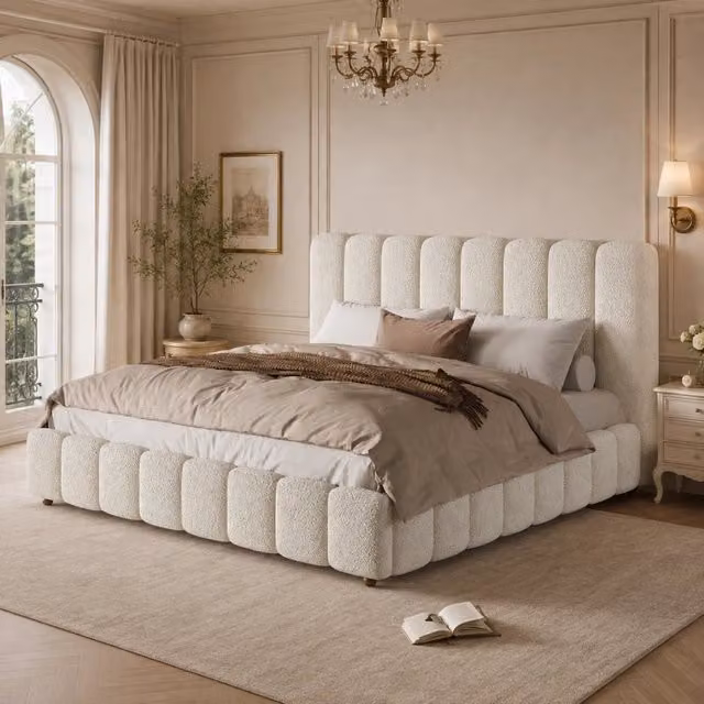 Letto contenitore 180x200 cm; matrimoniale con contenitore idraulico; rete a doghe; testiera capitonné; bouclé; bianco