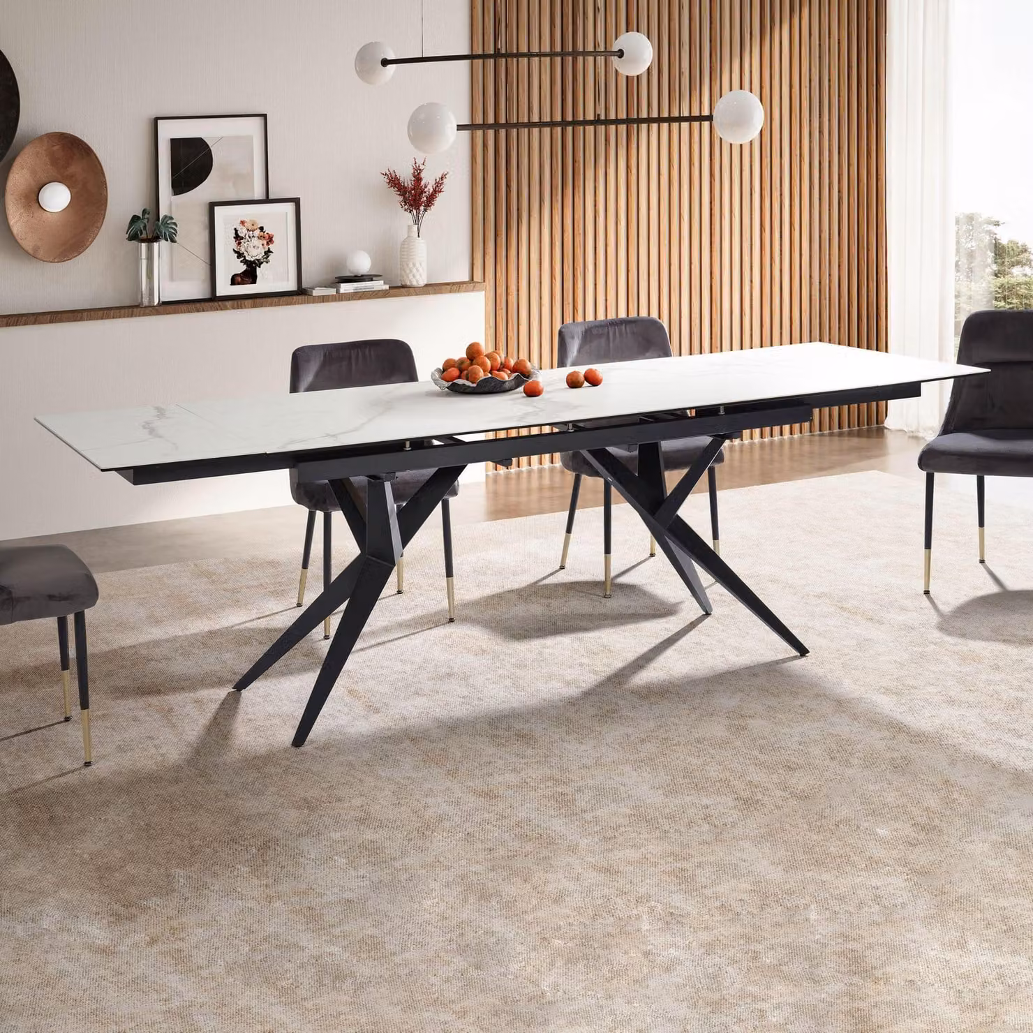 Tavolo da pranzo estendibile FineBuy, 180–260 cm, bianco – piano in vetroVetroceramica – tavolo da pranzo moderno con struttura in metallo a croce – resistente ai graffi e al calore