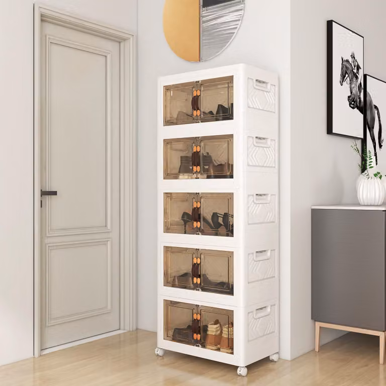 Contenitori pieghevoli in plastica con 4 ruote, contenitori impilabili con sportelli, ogni ripiano sostiene 5 kg, organizer per soggiorno e camera da letto