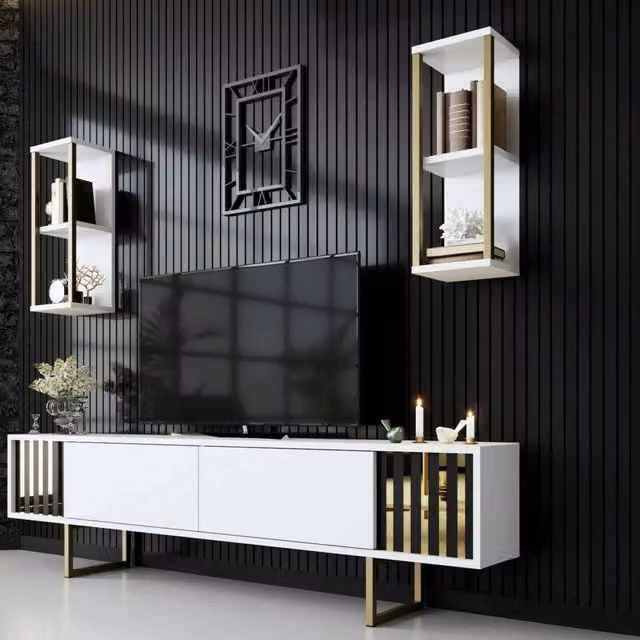 Mobile porta TV Artinay DMORA, Credenza moderna per soggiorno Bianco e Oro, L: 180 cm, P: 30 cm, H: 48 cm