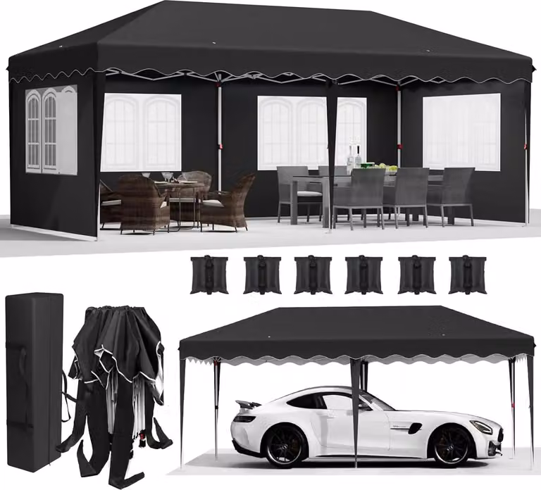 Gazebo da giardino - Gazebo pieghevole 3x6 m - Apertura con una sola spinta - HDPE impermeabile e rivestito inPoliuretano- Struttura in alluminio - 4 pareti laterali - Nero