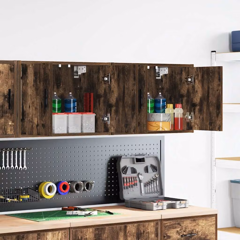 Set di 2 pensili da garage vidaXL in legno multistrato e MDF, colore rovere fumo, con ante a battente e montaggio a parete