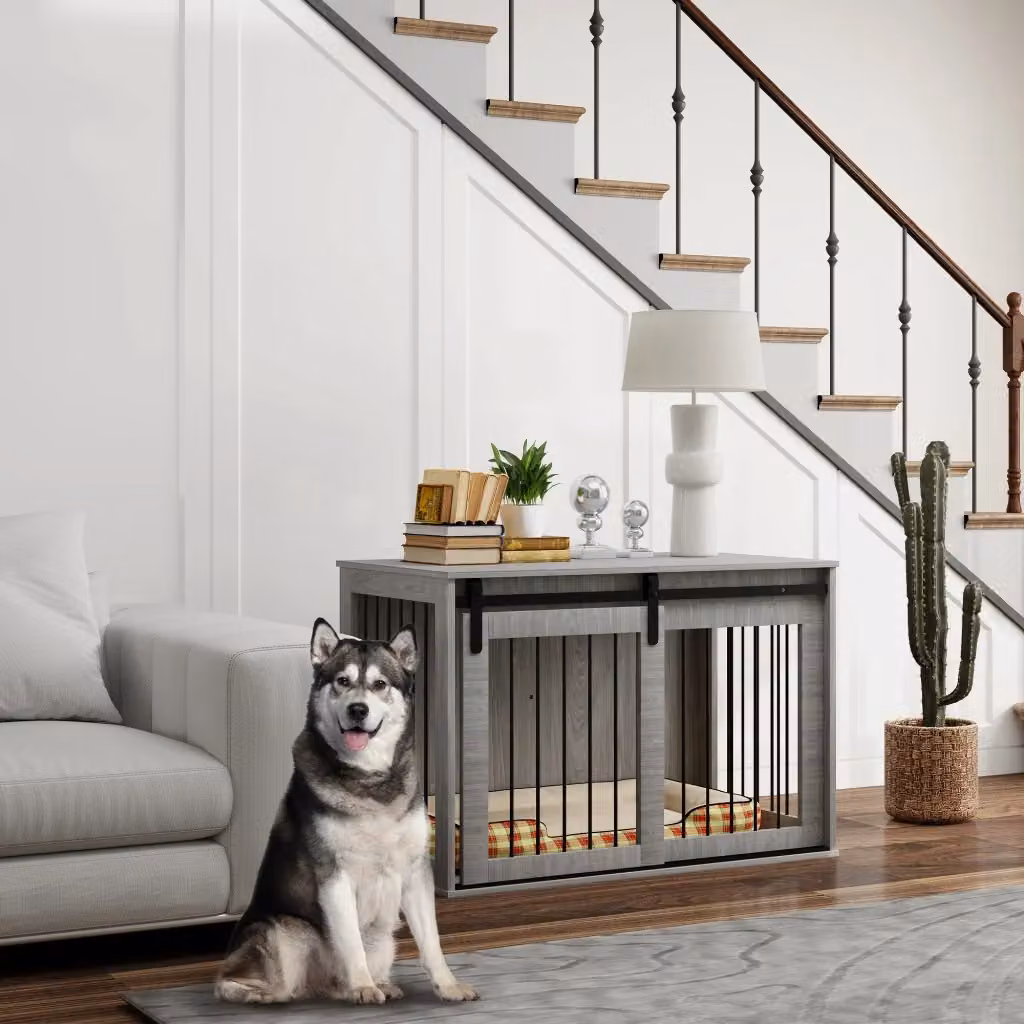 Gabbia per cani PawHut in legno e metallo grigio con porta scorrevole e serratura, L/P/H: 98 x 61 x 58 cm – 2