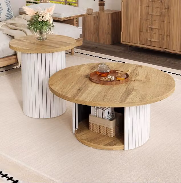 Set di tavolini da caffè rotondi in MDF naturale, design nordico con vano portaoggetti