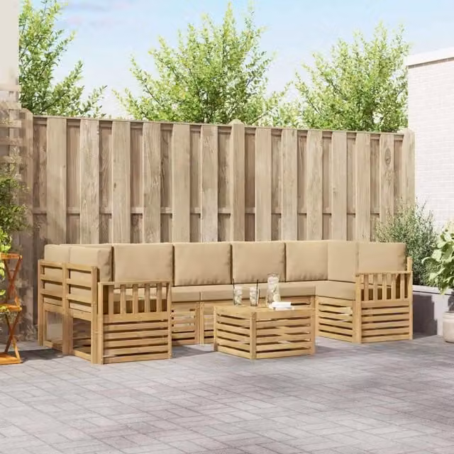 Set di divani da esterno a L vidaXL in legno di acacia con cuscini, colore bianco e beige