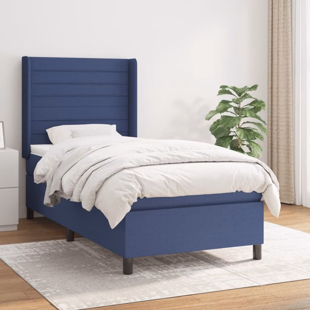 The Living Store Letto a molle con materasso blu 100x200 cm in tessuto