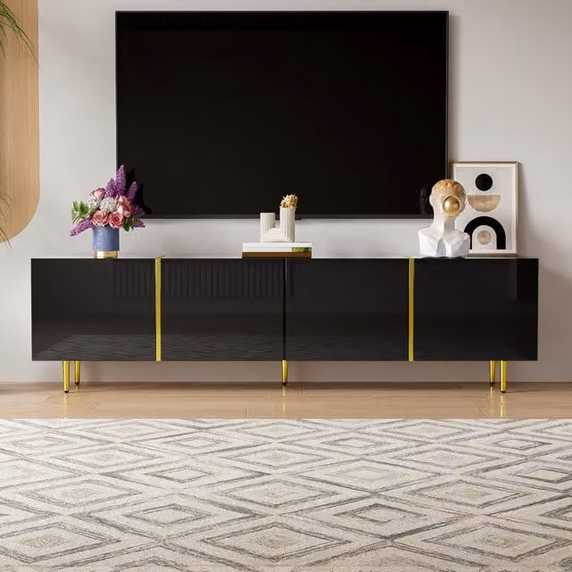 Armadio TV moderno Zephmum in MDF nero lucido e oro con 4 ante e cassetto soft close L/P/H: 170 x 46 x 35 cm