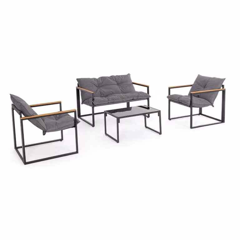 Set salotto ILDA con 1 divano, 2 poltrone e 1 tavolino in acciaio antracite e polywood