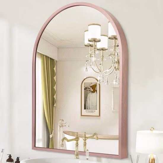 Specchio a muro curvo per bagno, specchio per parete, tavolo da toeletta, decorazione, camera da letto, tavolo da toeletta, ingresso, soggiorno, cornice metallica 65 x 45 cm, roségoud.