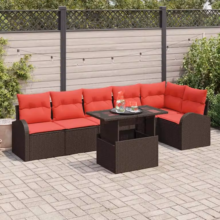 Set Divano da Giardino vidaXL 7 Pezzi a Forma di L con Tavolino, Colore Marrone e Rosso