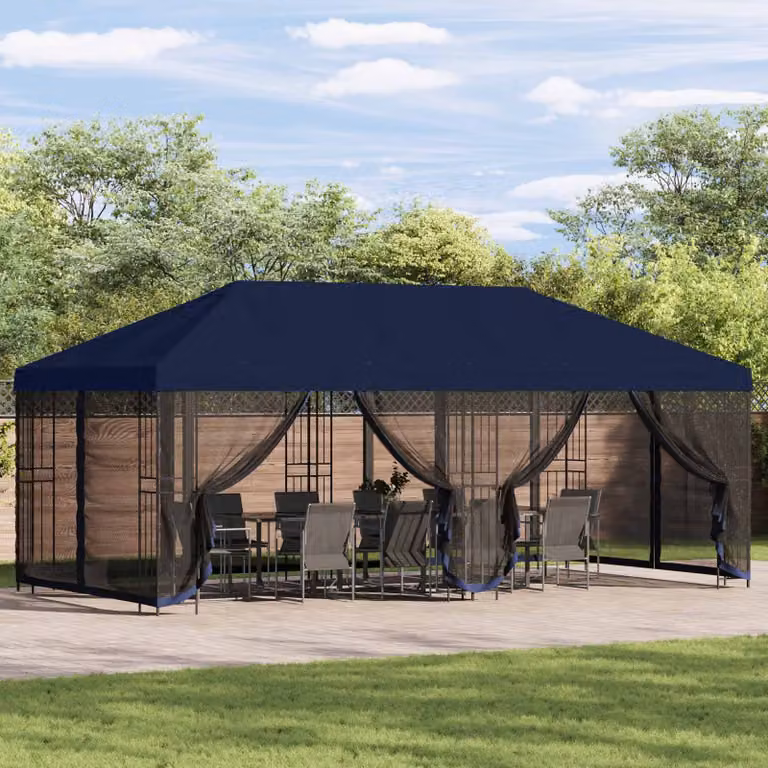 Gazebo vidaXL con pareti laterali in poliestere e acciaio blu e nero L/P/H: 600 x 300,5 x 276,5 cm
