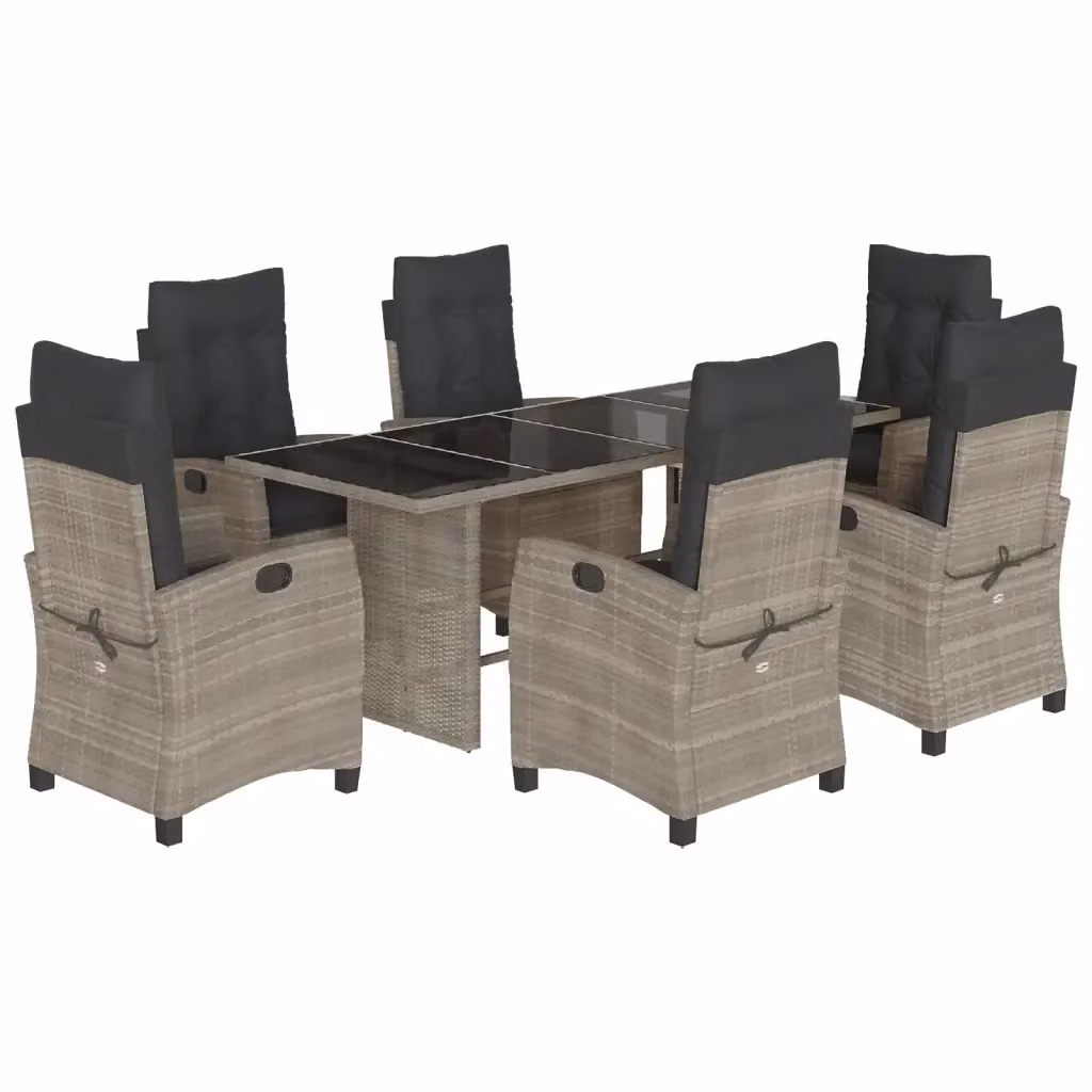 Set da pranzo da giardino vidaXL in polyrattan grigio con cuscini e tavolo in vetro, 7 pezzi – 2