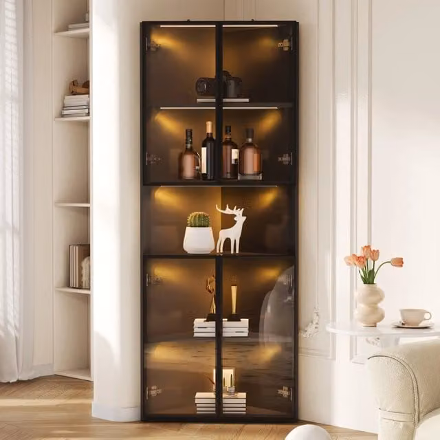 Vetrina angolare, mobile ad angolo, ante in vetro, illuminazione a LED, 62x32x160 cm, nero