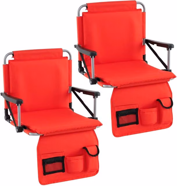 Set di 2 sedie pieghevoli da stadio con tasche portaoggetti e portabicchieri, sedute portatili con struttura in metallo e tessuto resistente, colore Rosso