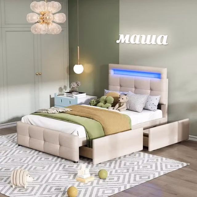 Letto imbottito singolo con LED cassetti ¨C Minimal ¨C Beige tessuto 90x200 cm