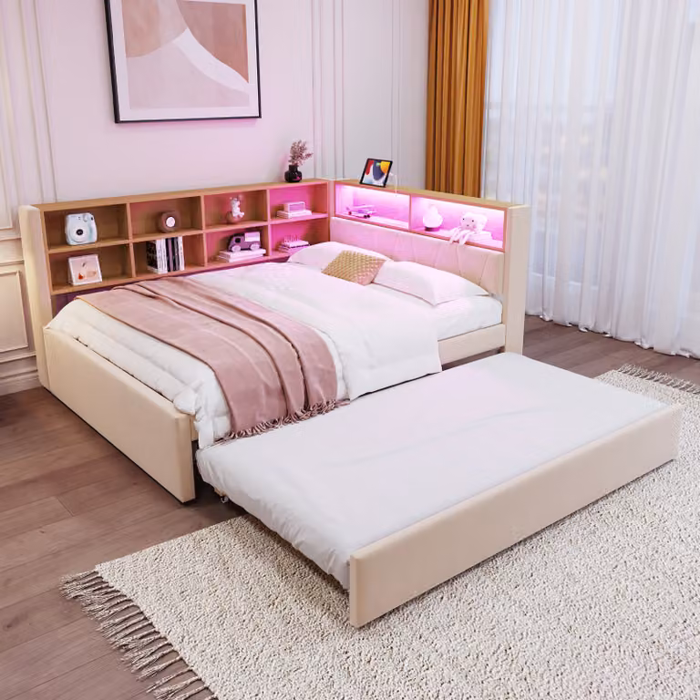STILVORA Divano letto 90x200 cm, daybed con luci a LED e prese elettriche, lettino per bambini con numerosi vani portaoggetti, beige (con materasso)