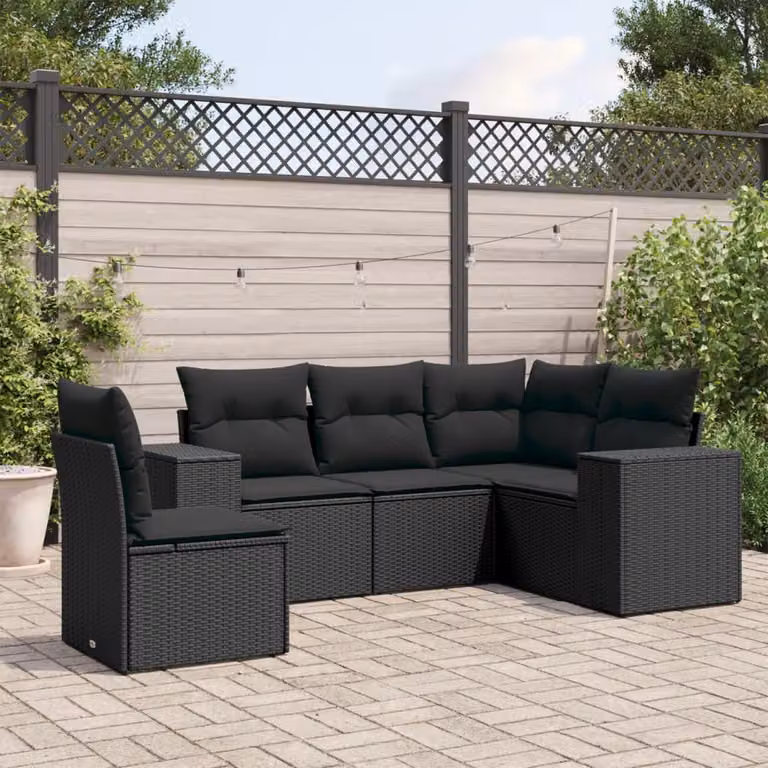 vidaXL Set Divani da Giardino a L 5 pz in Polyrattan Nero con Cuscini e Coperture Rimovibili
