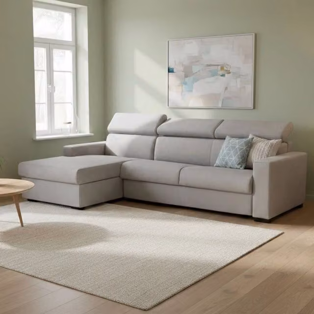 Divano Letto Alibabah Made in Italy con Penisola Contenitore Sinistra e Apertura Girevole, Grigio, L: 280 cm, P: 95 cm, H: 85 cm