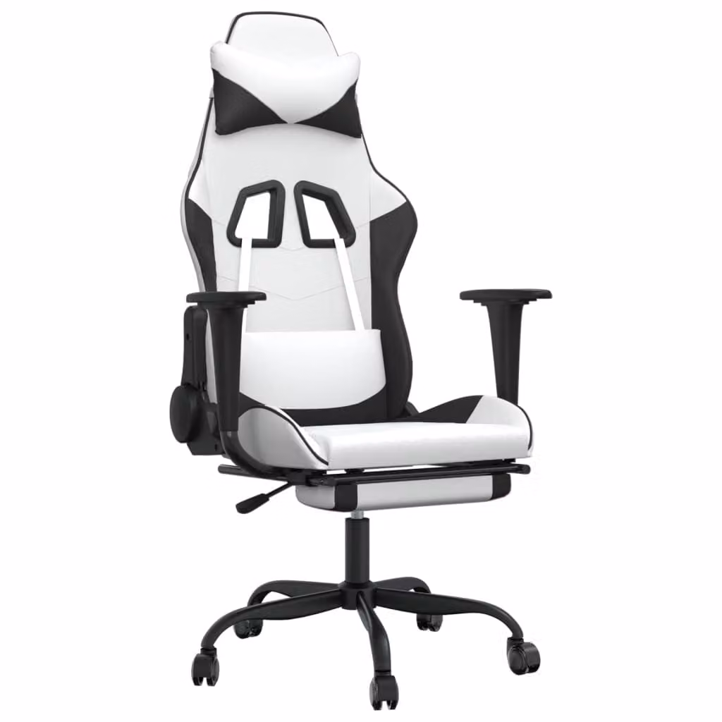 Sedia da Gaming Massaggio Poggiapiedi Bianco e Nero Pelle finta