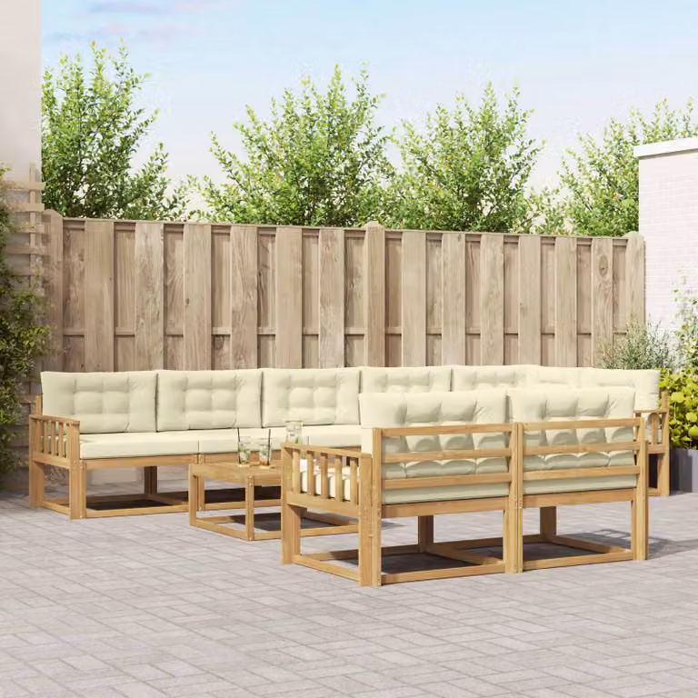 Set di divani da esterno vidaXL a forma di U composto da 9 pezzi in legno di acacia con cuscini in poliestere bianco, beige e marrone