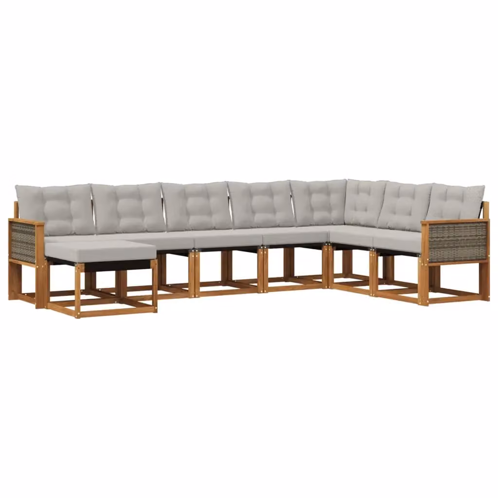 Set di divani da esterno a L vidaXL in legno di acacia con 8 pezzi, beige e grigio, comprensivo di cuscini e pouf – 2