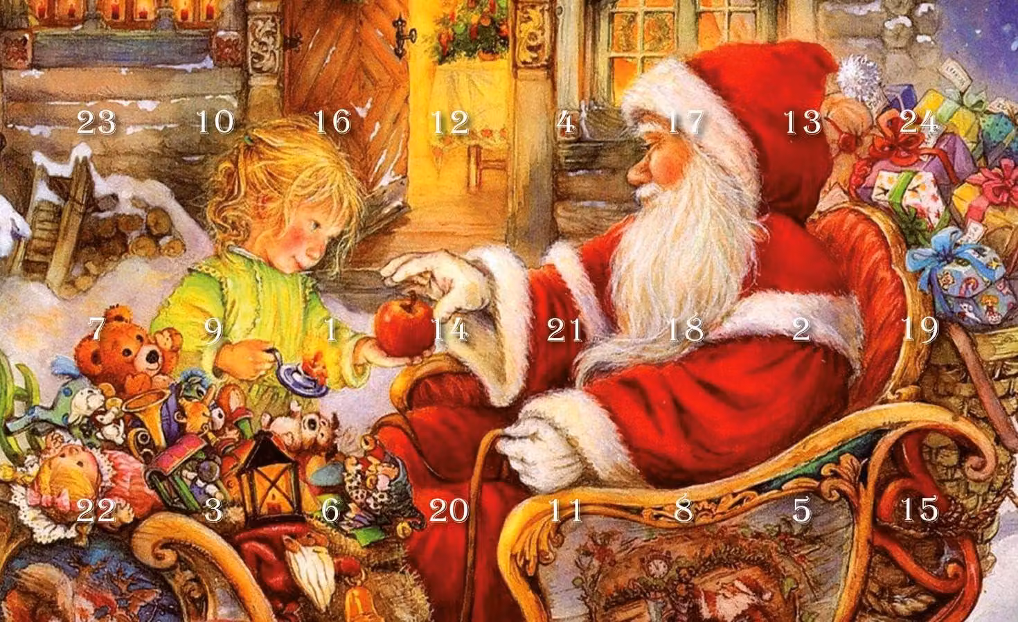 Calendario dell'Avvento con 24 decorazioni in vetro, raffiguranti Babbo Natale con un bambino, altezza 3 cm