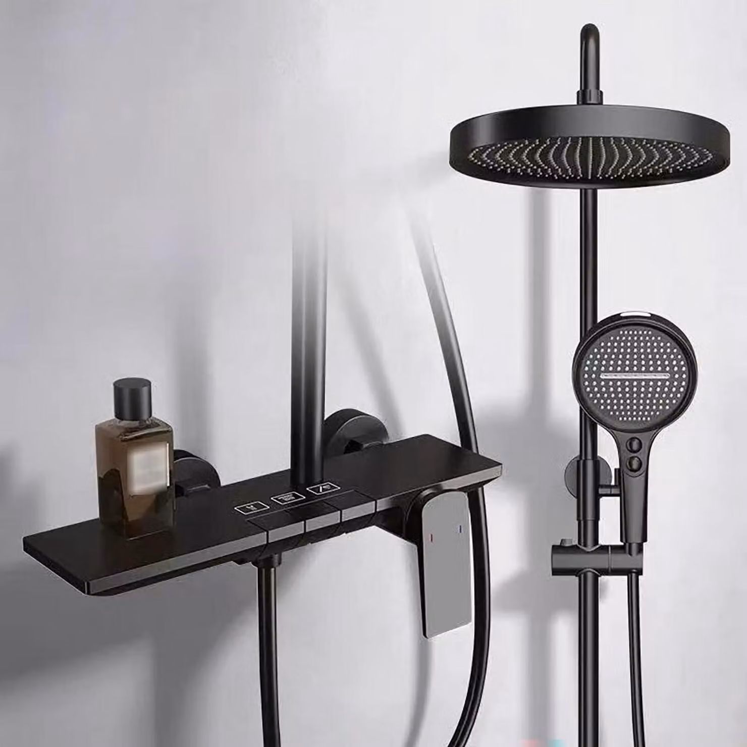 Sistema doccia a pioggia, miscelatore regolabile in altezza (32,5 cm), soffione a 4 getti, doccetta manuale, set doccia, colore nero