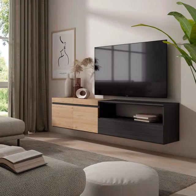 Mobile TV, 200x35x45cm, soggiorno, Per TV fino a 80", da appendere, colore Rovere e nero RF2264