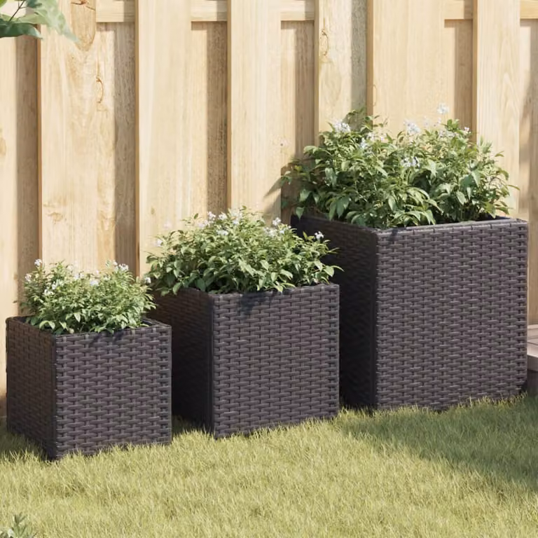 Set di 3 fioriere da giardino vidaXL in polyrattan nere con struttura in acciaio e plastica L/P/H: 40 x 40 x 40 cm
