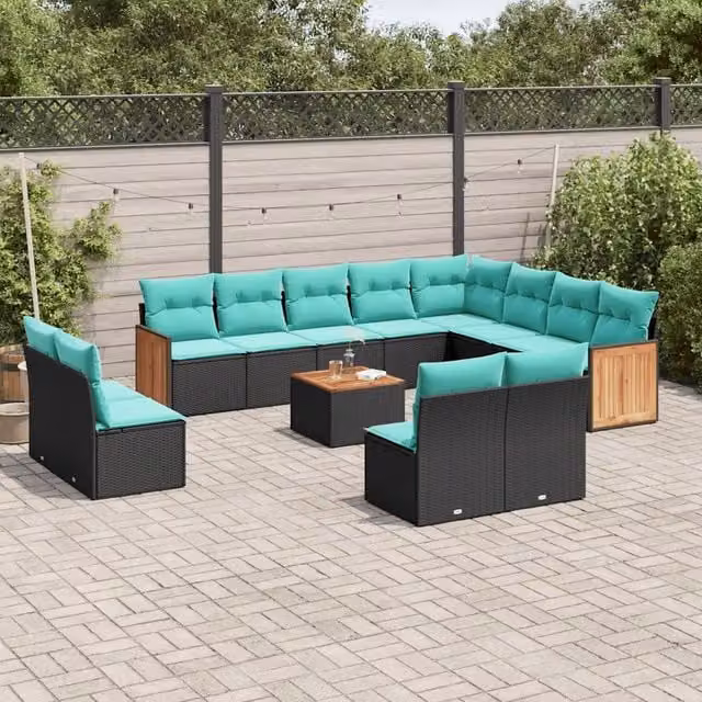 Set di Divani da Giardino a Forma di U vidaXL in Polyrattan Nero con Cuscini e Tavolino da Esterno – 1