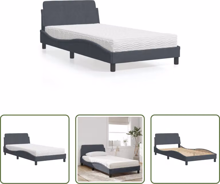 The Living Store Letto con materasso grigio scuro 100x200 cm in velluto