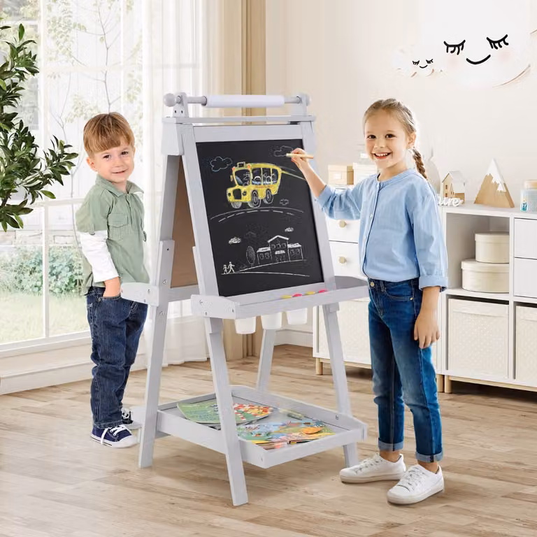 Cavalletto artistico 3 in 1 per bambini Costway con lavagna bifacciale, rotolo di carta, vassoi portaoggetti e bicchieri per pittura, Grigio