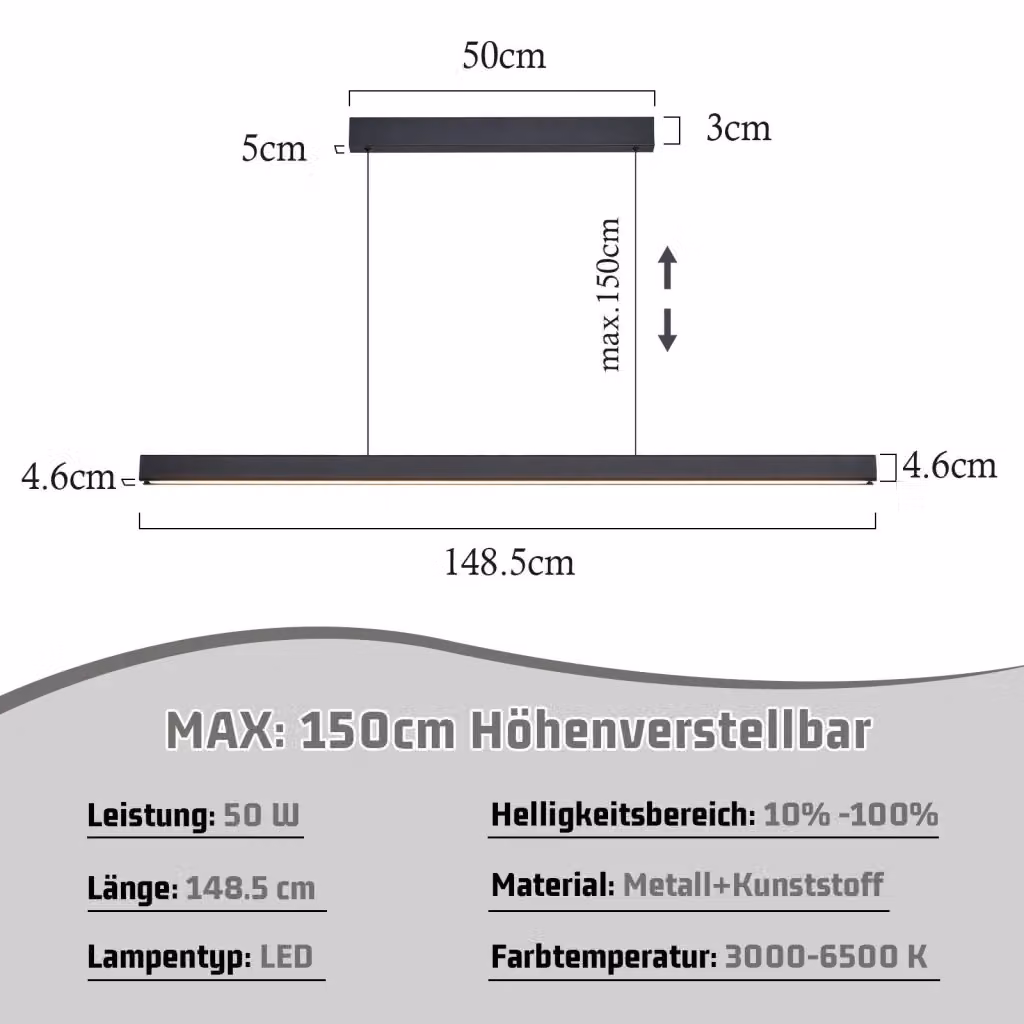 Lampada a sospensione lineare ZMH in metallo nero con LED dimmerabile e telecomando, ideale per cucina e sala da pranzo, L: 148 cm – 2